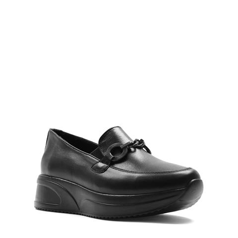 Kadın Siyah Tokalı Dolgu Topuklu Deri Loafer