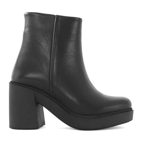 Kadın Siyah Fermuarlı Kalın Topuklu Deri Bot