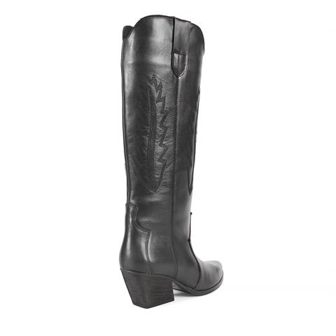 Kadın Siyah Topuklu Deri Kovboy Çizme