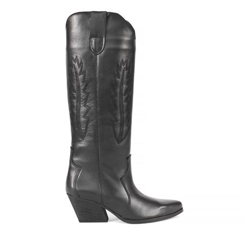Kadın Siyah Topuklu Deri Kovboy Çizme