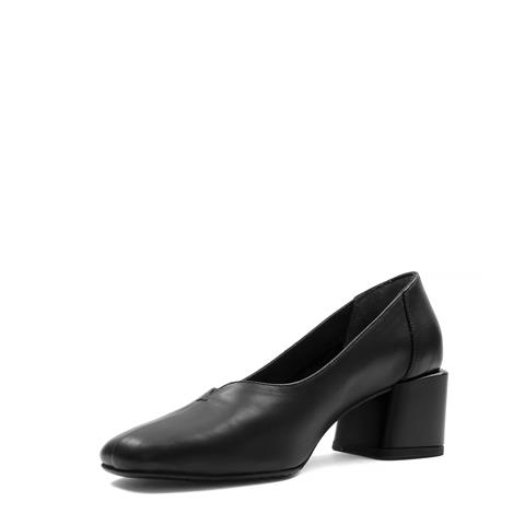 Kadın Siyah Kısa Kalın Topuklu Deri Klasik Ayakkabı