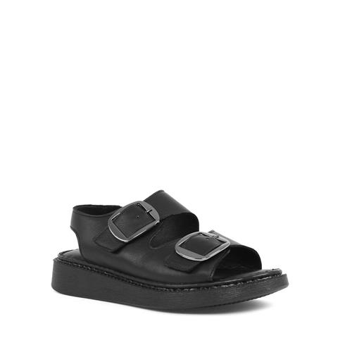 Kadın Siyah Çift Tokalı Deri Sandalet