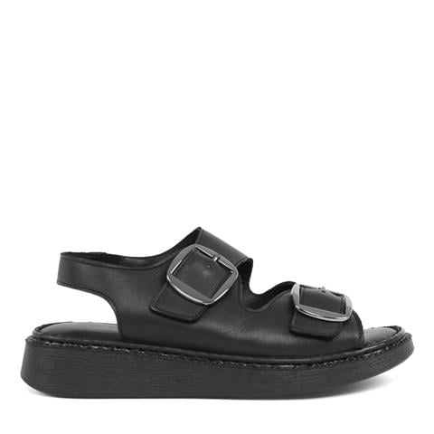 Kadın Siyah Çift Tokalı Deri Sandalet