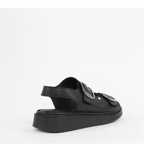 Kadın Siyah Çift Tokalı Deri Sandalet