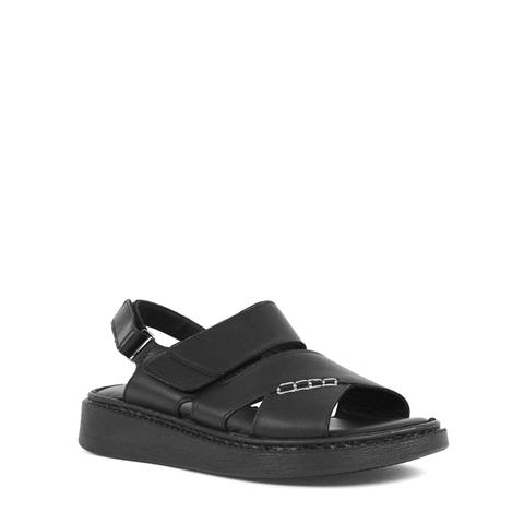 Kadın Siyah Bilekten Cırt Cırtlı Deri Sandalet