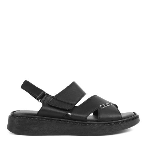 Kadın Siyah Bilekten Cırt Cırtlı Deri Sandalet