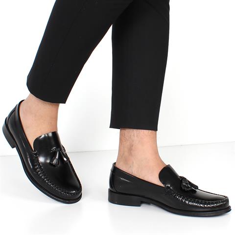 Erkek Siyah Kösele Taban Açma Deri Loafer