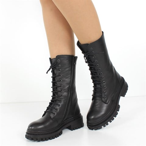 Kadın Siyah Fermuarlı Kalın Tabanlı Deri Postal Bot