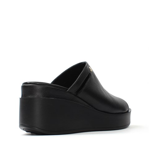 Kadın Siyah Önü Açık Dolgu Topuklu Deri Terlik