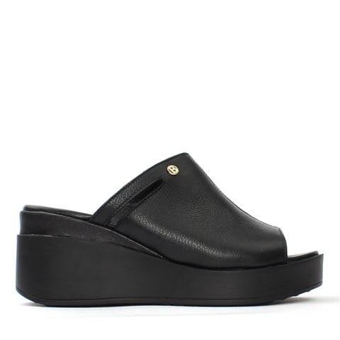 Kadın Siyah Önü Açık Dolgu Topuklu Deri Terlik