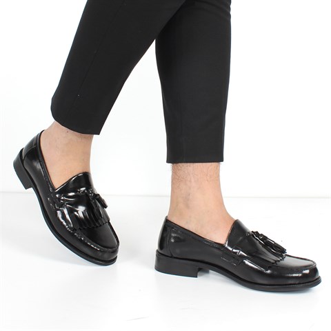 Erkek Siyah Püsküllü Açma Deri Loafer