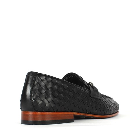 Erkek Siyah Kösele Taban Örgü Deri Loafer