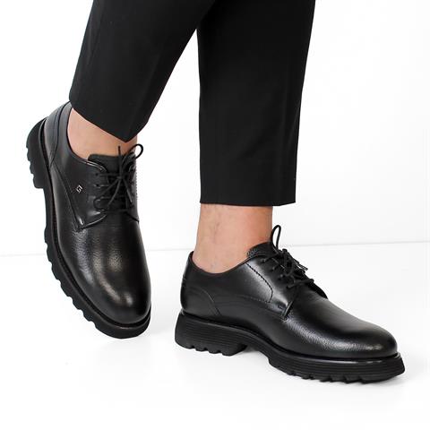 Erkek Siyah Bağcıklı Kalın Tabanlı Deri Günlük Ayakkabı