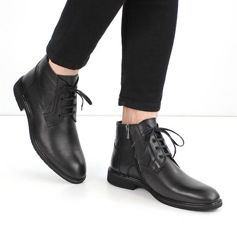 Erkek Siyah Bağcıklı Fermuarlı Deri Bot