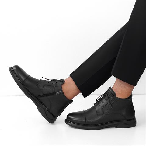 Erkek Siyah Bağcıklı Fermuarlı Deri Bot