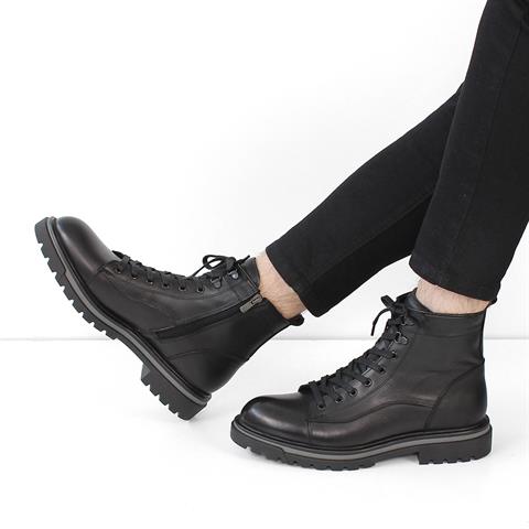 Erkek Siyah Bağcıklı Fermuarlı Deri Bot