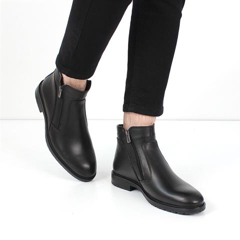 Erkek Siyah Çift Fermuarlı Deri Bot