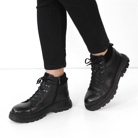 Erkek Siyah Bağcıklı Fermuarlı Deri Bot