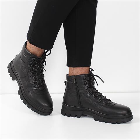 Erkek Siyah Bağcıklı Fermuarlı Deri Bot