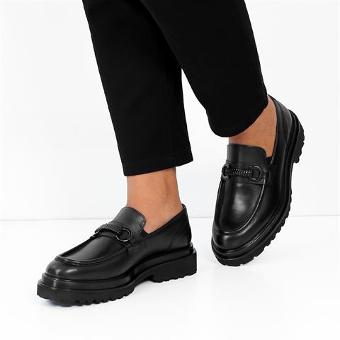 Erkek Siyah Kalın Tabanlı Deri Loafer