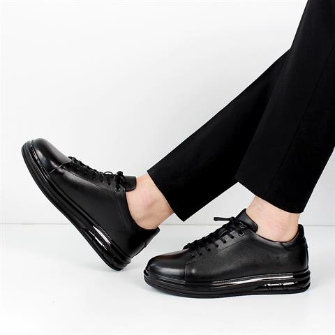 Erkek Siyah Bağcıklı Kalın Tabanlı Deri Sneaker