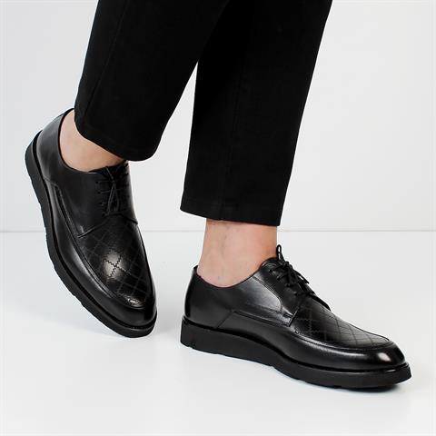 Erkek Siyah Bağcıklı Kalın Tabanlı Deri Günlük Ayakkabı