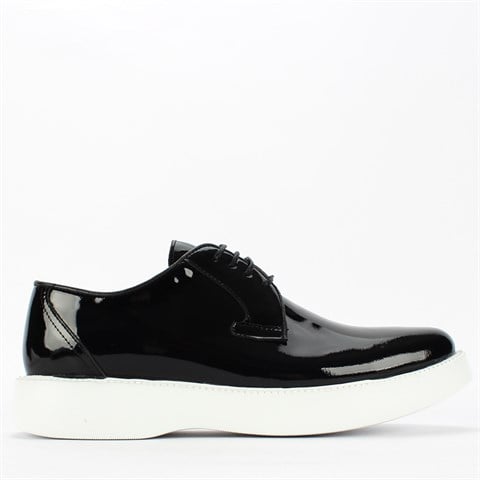 Erkek Siyah Bağcıklı Kalın Tabanlı Rugan Deri Günlük Ayakkabı