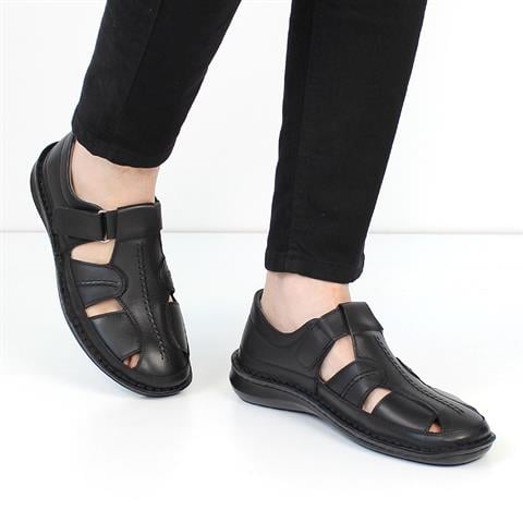 Erkek Siyah Deri Sandalet