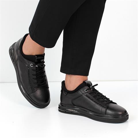 Erkek Siyah Bağcıklı Kalın Tabanlı Deri Sneaker
