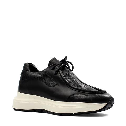 Erkek Siyah Bağcıklı Kalın Tabanlı Deri Sneaker