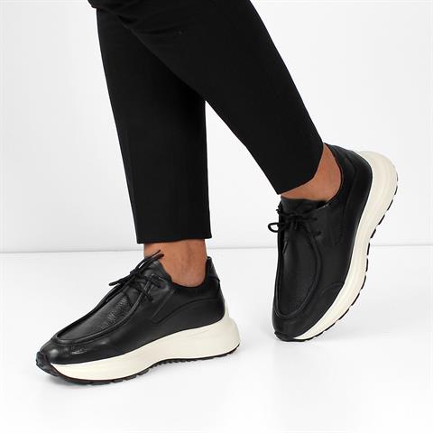 Erkek Siyah Bağcıklı Kalın Tabanlı Deri Sneaker