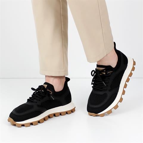 Erkek Siyah Bağcıklı Kalın Tabanlı Deri Sneaker