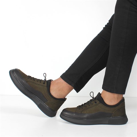 Erkek Siyah Haki Bağcıklı Kalın Tabanlı Deri Günlük Ayakkabı