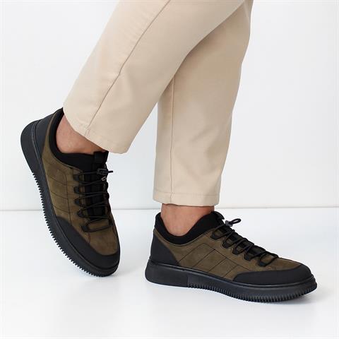 Erkek Siyah Haki Bağcıklı Deri Günlük Ayakkabı