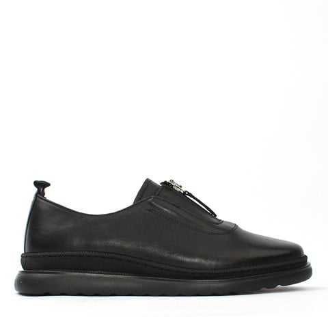 Kadın Siyah Fermuarlı Kalın Tabanlı Deri Ayakkabı