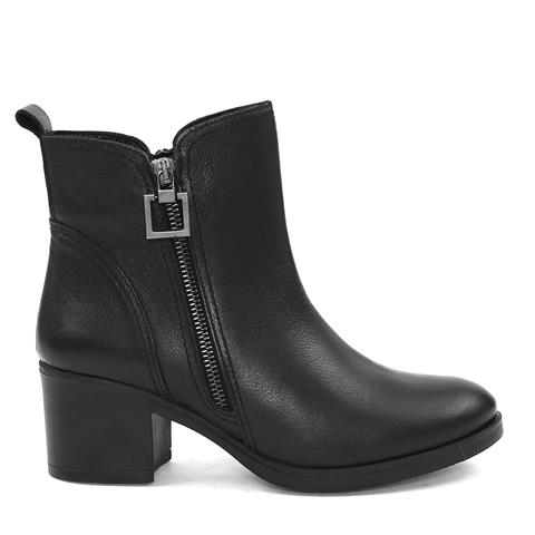 Kadın Siyah Çift Fermuarlı Kalın Topuklu Deri Bot