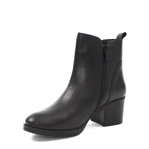 Kadın Siyah Çift Fermuarlı Kalın Topuklu Deri Bot
