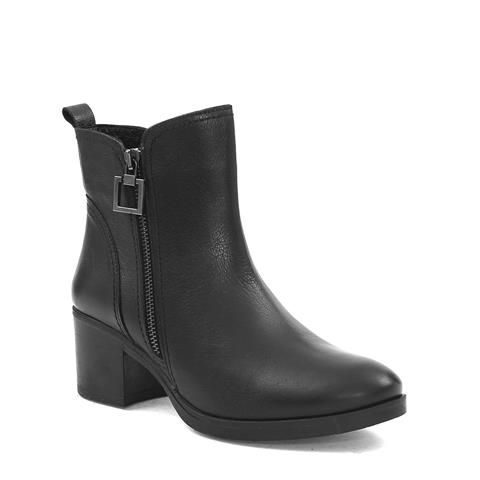 Kadın Siyah Çift Fermuarlı Kalın Topuklu Deri Bot