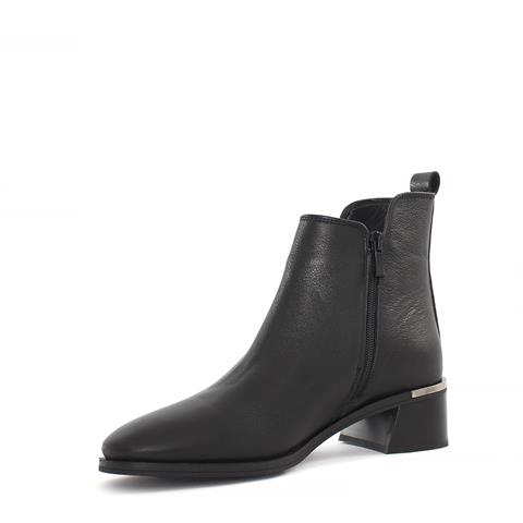 Kadın Siyah Çift Fermuarlı Kalın Topuklu Deri Bot