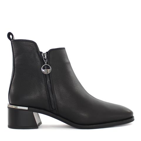 Kadın Siyah Çift Fermuarlı Kalın Topuklu Deri Bot