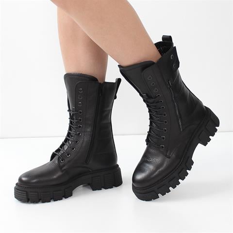 Kadın Siyah Fermuarlı Kalın Tabanlı Deri Postal Bot