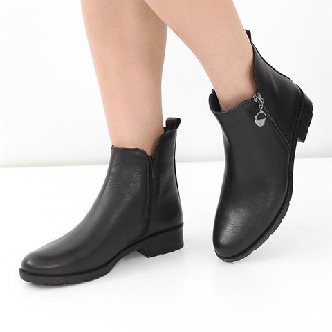 Kadın Siyah Çift Fermuarlı Deri Bot