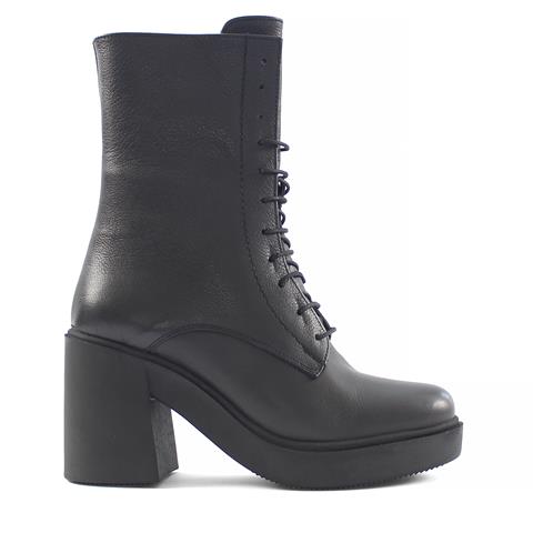 Kadın Siyah Fermuarlı Kalın Topuklu Deri Bot