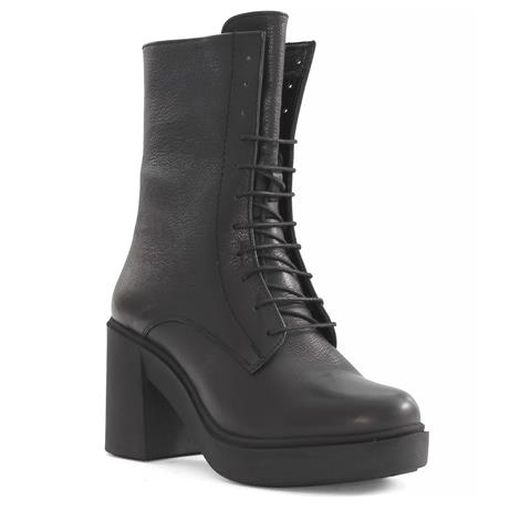 Kadın Siyah Fermuarlı Kalın Topuklu Deri Bot