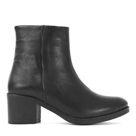 Kadın Siyah Fermuarlı Kalın Topuklu Deri Bot