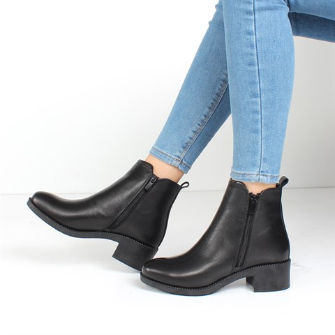 Kadın Siyah Çift Fermuarlı Kalın Topuklu Deri Bot