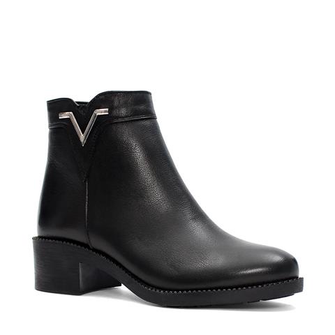 Kadın Siyah Fermuarlı Kalın Topuklu Deri Bot