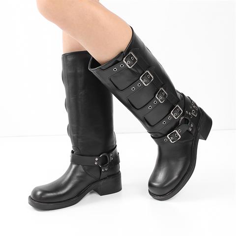 Kadın Siyah Tokalı Deri Çizme