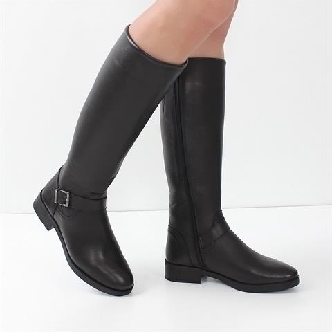 Kadın Siyah Fermuarlı Tokalı Deri Çizme