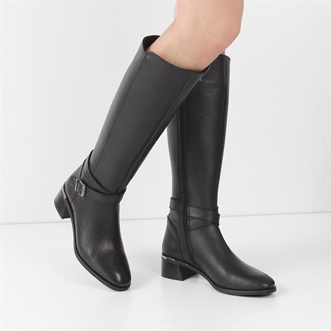 Kadın Siyah Fermuarlı Topuklu Deri Çizme